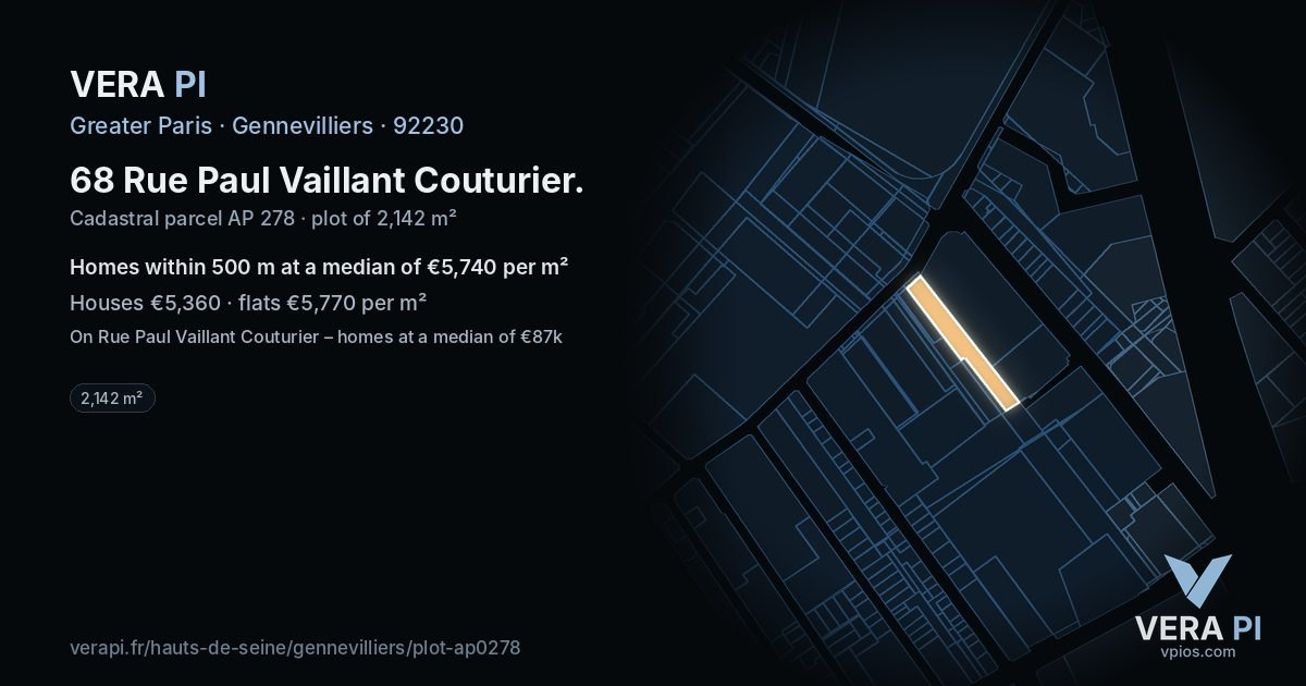 68 Rue Paul Vaillant Couturier, Gennevilliers at night – the plot lit, the parcels around coloured by the prices near them