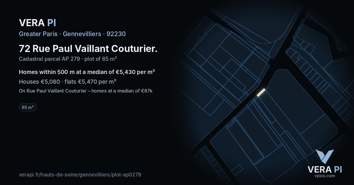 72 Rue Paul Vaillant Couturier, Gennevilliers at night – the plot lit, the parcels around coloured by the prices near them