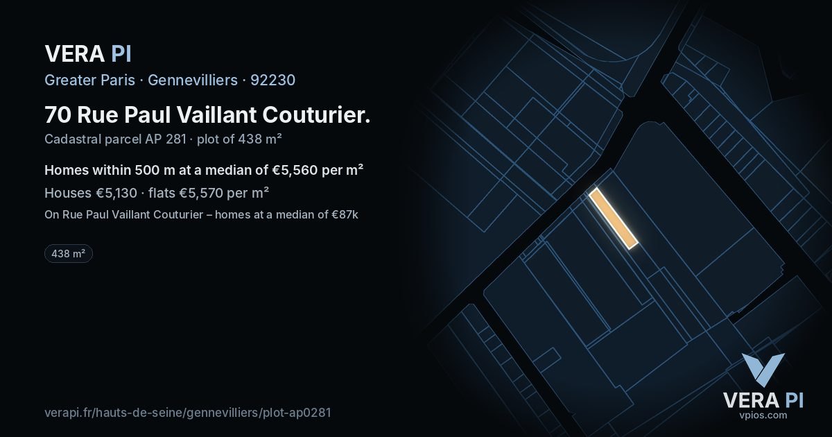 70 Rue Paul Vaillant Couturier, Gennevilliers at night – the plot lit, the parcels around coloured by the prices near them