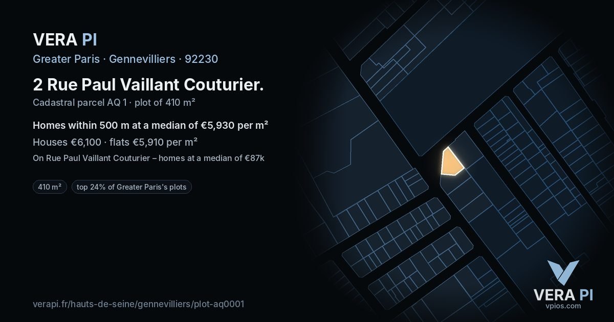 2 Rue Paul Vaillant Couturier, Gennevilliers at night – the plot lit, the parcels around coloured by the prices near them