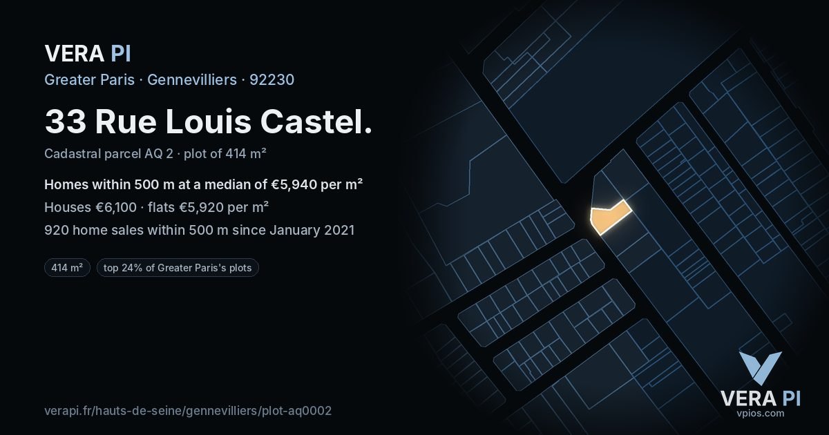 33 Rue Louis Castel, Gennevilliers at night – the plot lit, the parcels around coloured by the prices near them