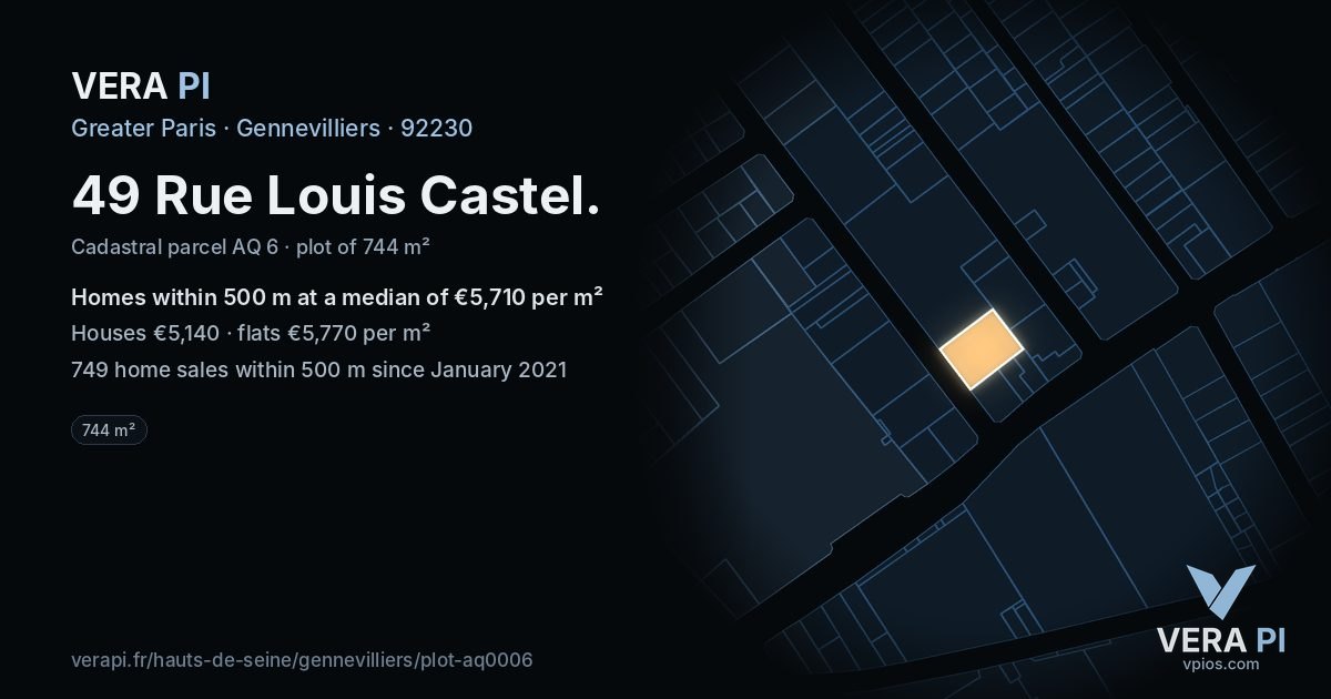 49 Rue Louis Castel, Gennevilliers at night – the plot lit, the parcels around coloured by the prices near them