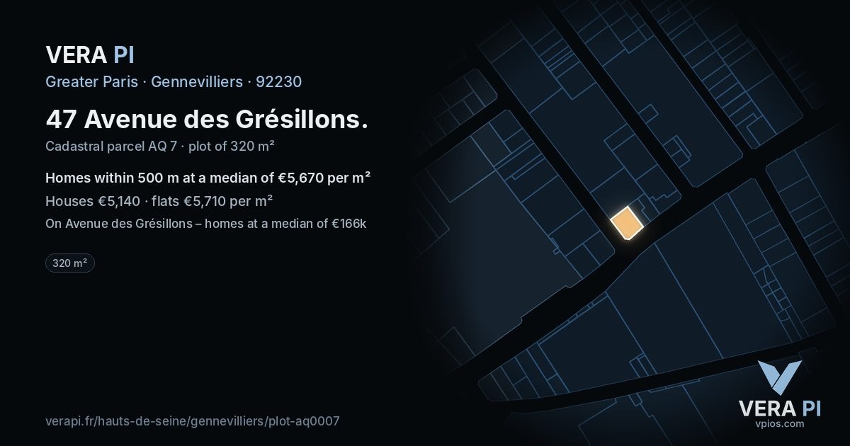 47 Avenue des Grésillons, Gennevilliers at night – the plot lit, the parcels around coloured by the prices near them