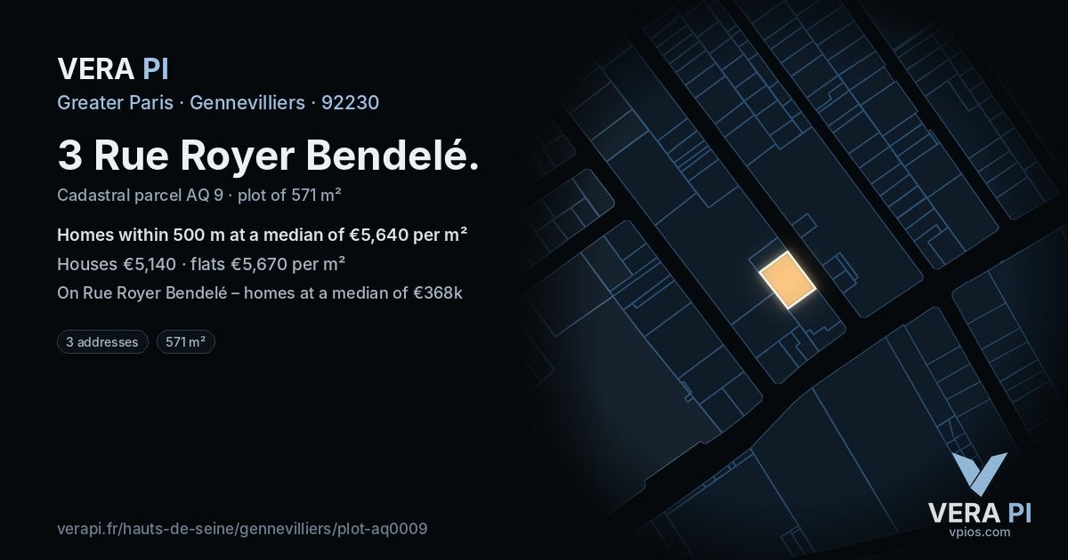 3 Rue Royer Bendelé, Gennevilliers at night – the plot lit, the parcels around coloured by the prices near them
