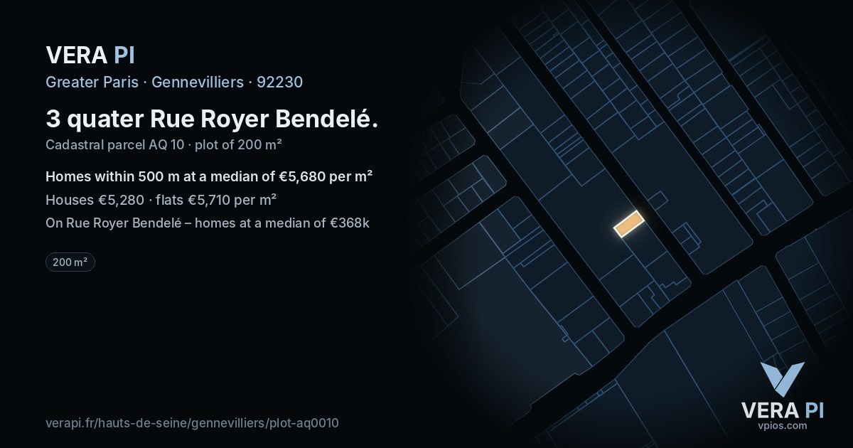 3 quater Rue Royer Bendelé, Gennevilliers at night – the plot lit, the parcels around coloured by the prices near them