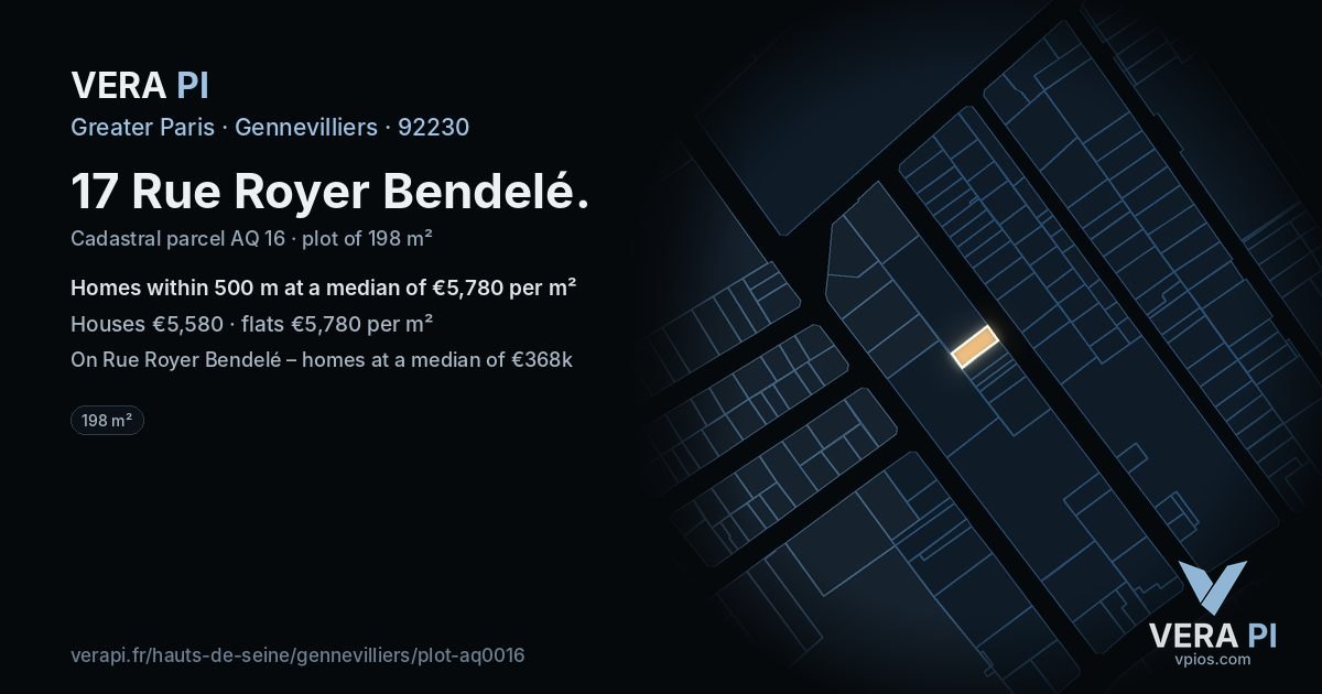 17 Rue Royer Bendelé, Gennevilliers at night – the plot lit, the parcels around coloured by the prices near them