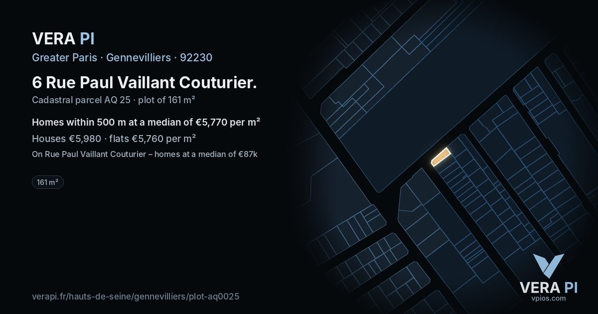 6 Rue Paul Vaillant Couturier, Gennevilliers at night – the plot lit, the parcels around coloured by the prices near them