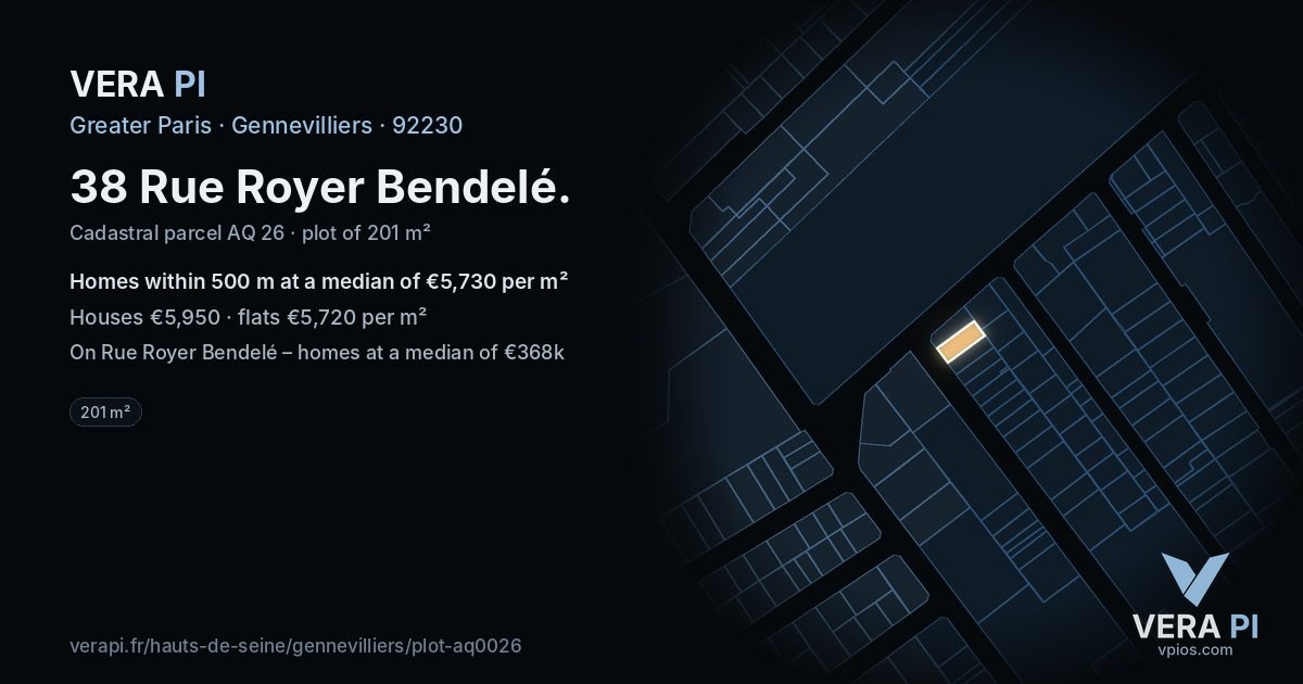 38 Rue Royer Bendelé, Gennevilliers at night – the plot lit, the parcels around coloured by the prices near them