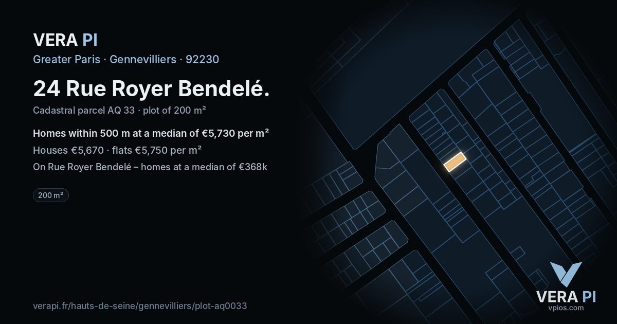 24 Rue Royer Bendelé, Gennevilliers at night – the plot lit, the parcels around coloured by the prices near them