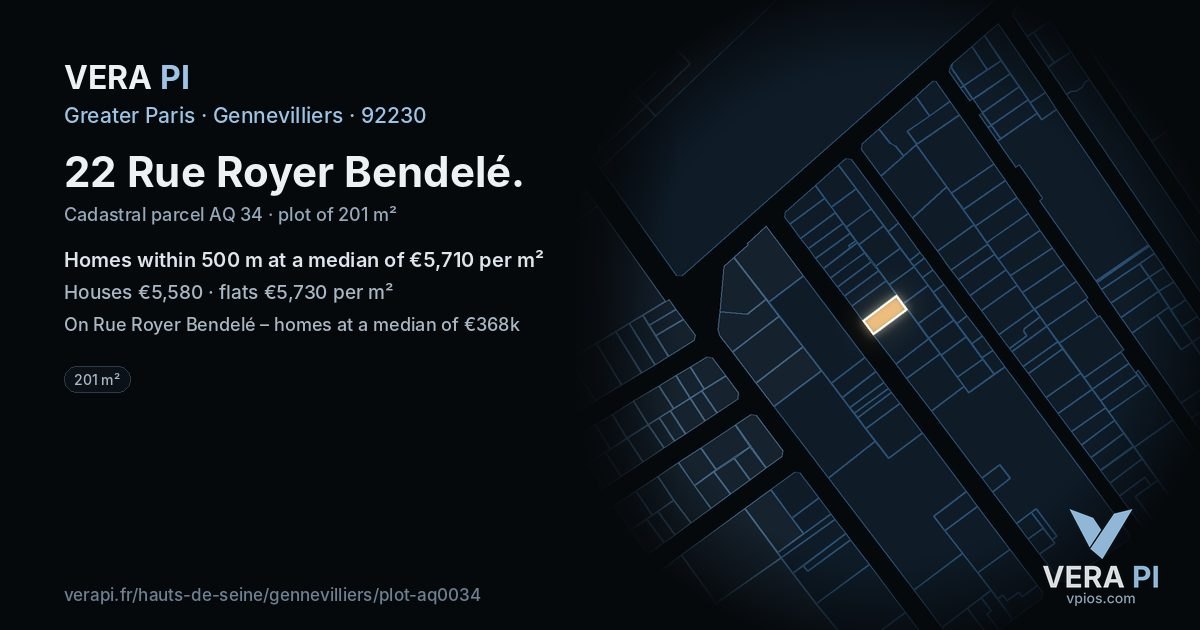 22 Rue Royer Bendelé, Gennevilliers at night – the plot lit, the parcels around coloured by the prices near them
