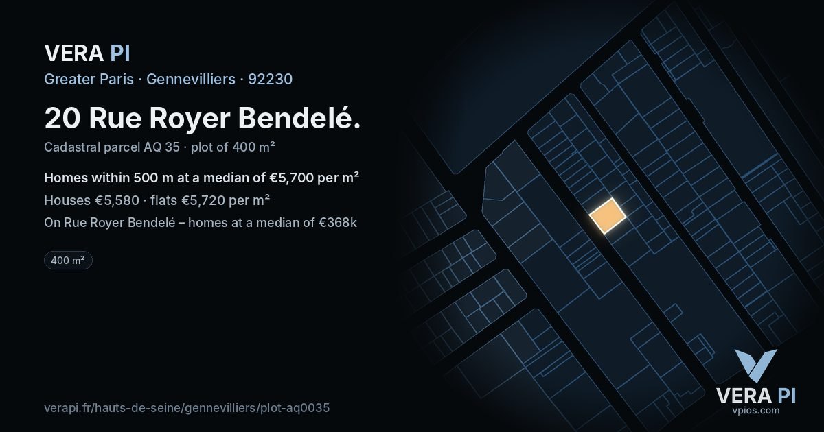 20 Rue Royer Bendelé, Gennevilliers at night – the plot lit, the parcels around coloured by the prices near them