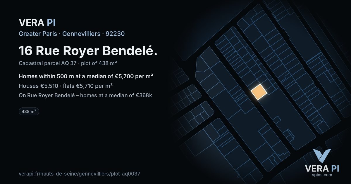 16 Rue Royer Bendelé, Gennevilliers at night – the plot lit, the parcels around coloured by the prices near them