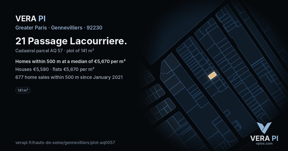 21 Passage Lacourriere, Gennevilliers at night – the plot lit, the parcels around coloured by the prices near them