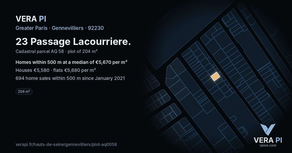 23 Passage Lacourriere, Gennevilliers at night – the plot lit, the parcels around coloured by the prices near them
