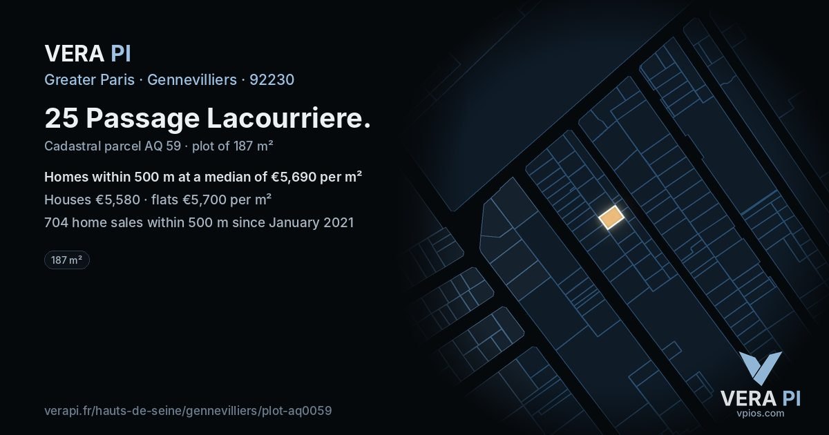 25 Passage Lacourriere, Gennevilliers at night – the plot lit, the parcels around coloured by the prices near them