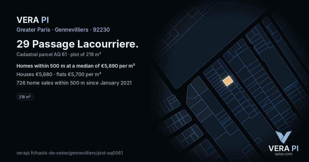 29 Passage Lacourriere, Gennevilliers at night – the plot lit, the parcels around coloured by the prices near them
