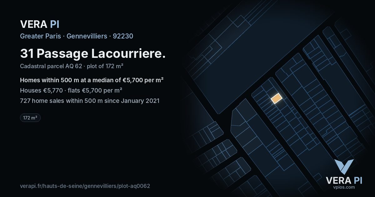 31 Passage Lacourriere, Gennevilliers at night – the plot lit, the parcels around coloured by the prices near them