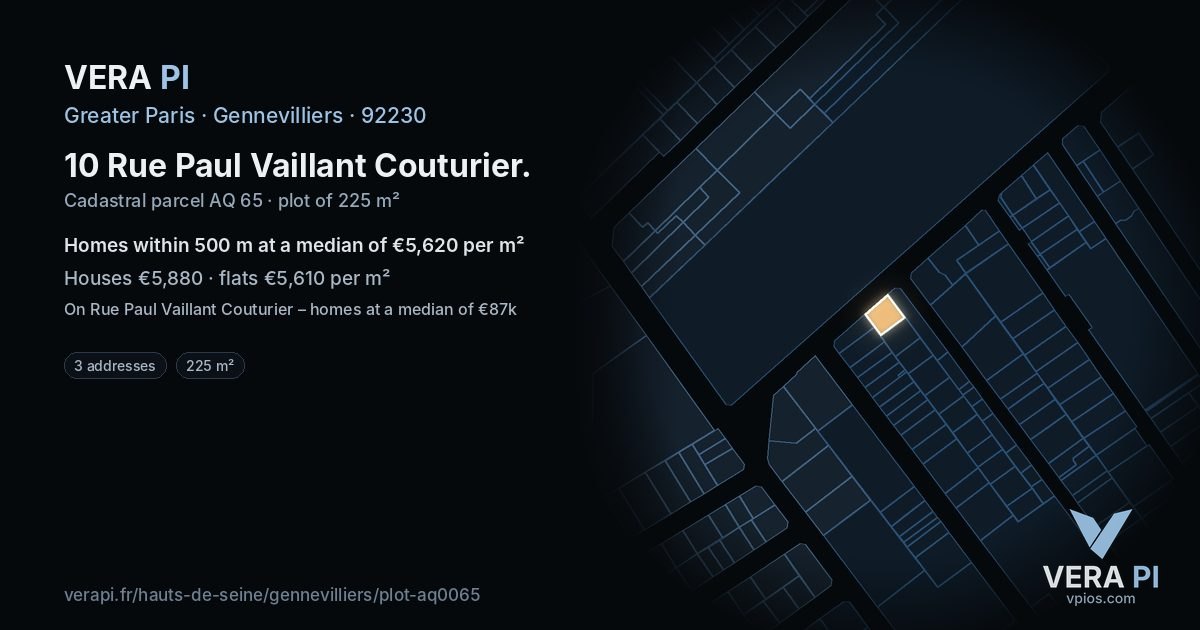 10 Rue Paul Vaillant Couturier, Gennevilliers at night – the plot lit, the parcels around coloured by the prices near them
