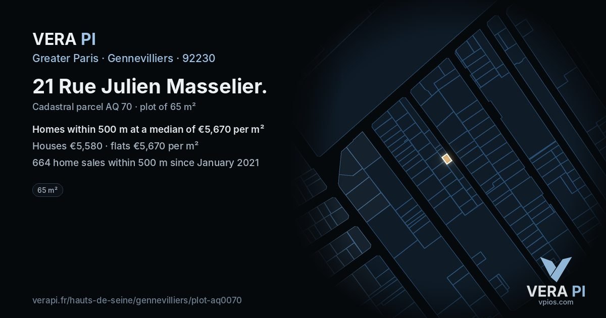 21 Rue Julien Masselier, Gennevilliers at night – the plot lit, the parcels around coloured by the prices near them
