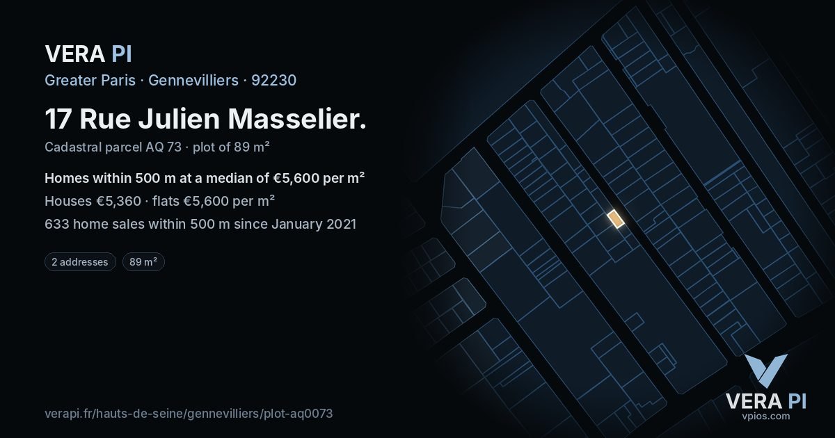 17 Rue Julien Masselier, Gennevilliers at night – the plot lit, the parcels around coloured by the prices near them