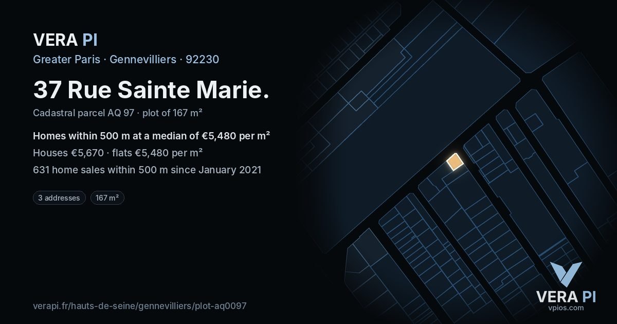 37 Rue Sainte Marie, Gennevilliers at night – the plot lit, the parcels around coloured by the prices near them