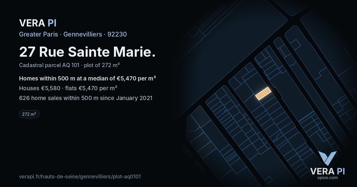 27 Rue Sainte Marie, Gennevilliers at night – the plot lit, the parcels around coloured by the prices near them