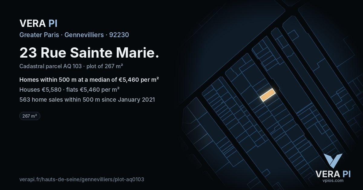 23 Rue Sainte Marie, Gennevilliers at night – the plot lit, the parcels around coloured by the prices near them