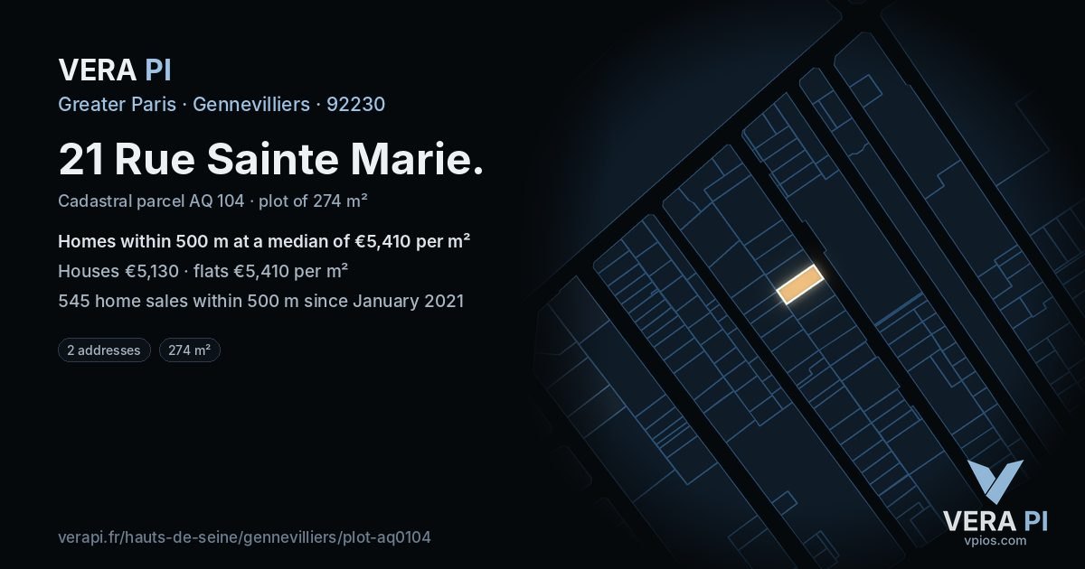 21 Rue Sainte Marie, Gennevilliers at night – the plot lit, the parcels around coloured by the prices near them