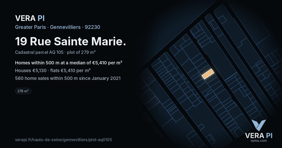 19 Rue Sainte Marie, Gennevilliers at night – the plot lit, the parcels around coloured by the prices near them