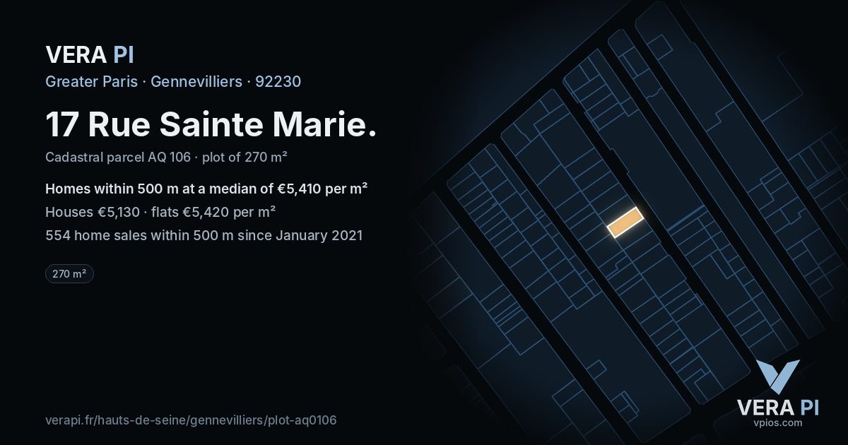 17 Rue Sainte Marie, Gennevilliers at night – the plot lit, the parcels around coloured by the prices near them