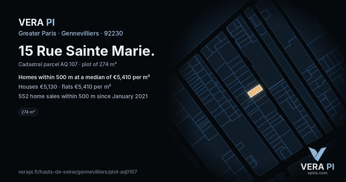 15 Rue Sainte Marie, Gennevilliers at night – the plot lit, the parcels around coloured by the prices near them