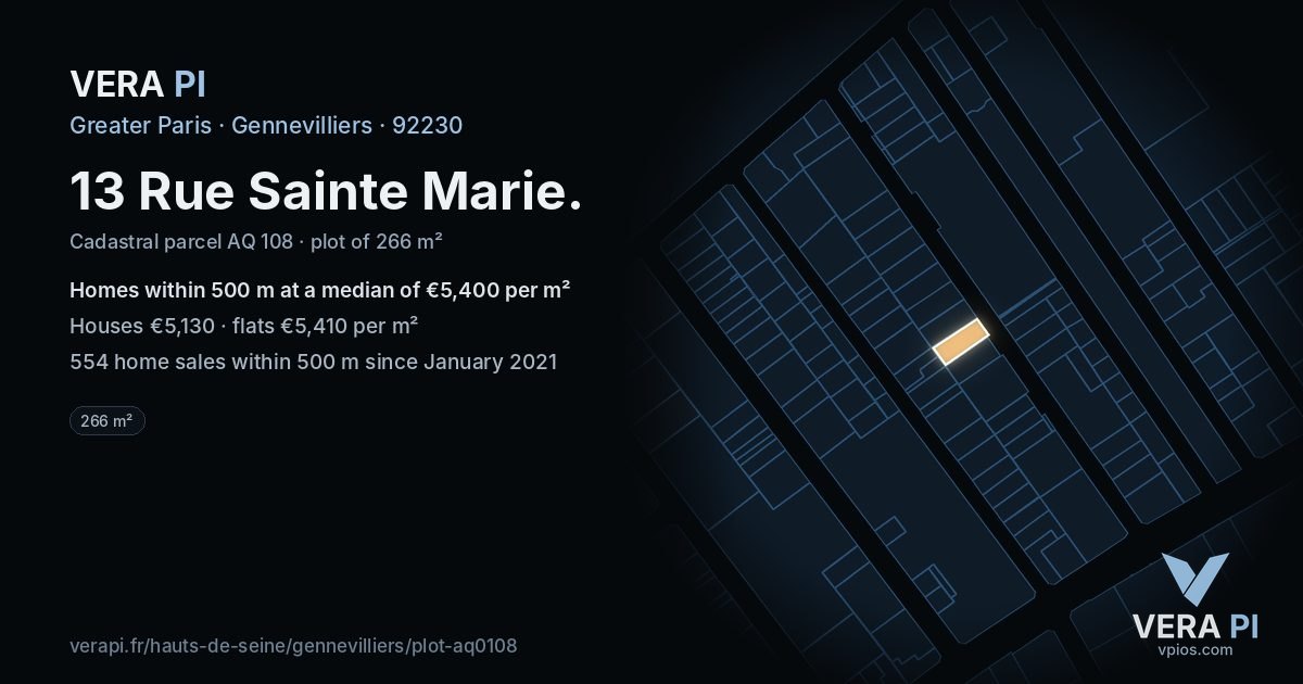 13 Rue Sainte Marie, Gennevilliers at night – the plot lit, the parcels around coloured by the prices near them