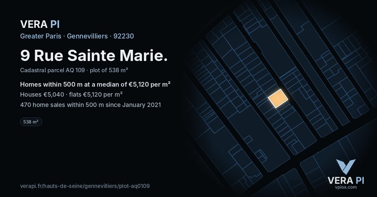 9 Rue Sainte Marie, Gennevilliers at night – the plot lit, the parcels around coloured by the prices near them