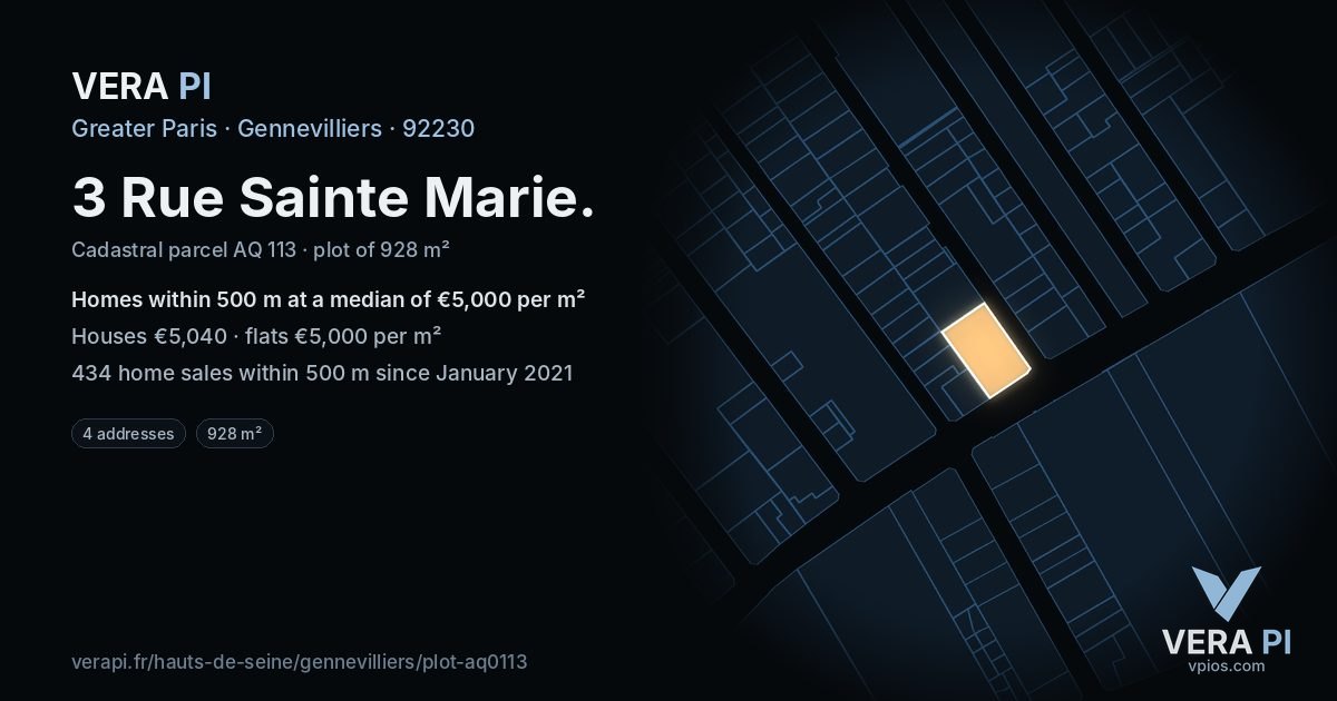 3 Rue Sainte Marie, Gennevilliers at night – the plot lit, the parcels around coloured by the prices near them