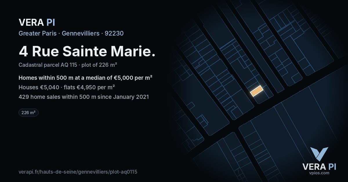 4 Rue Sainte Marie, Gennevilliers at night – the plot lit, the parcels around coloured by the prices near them