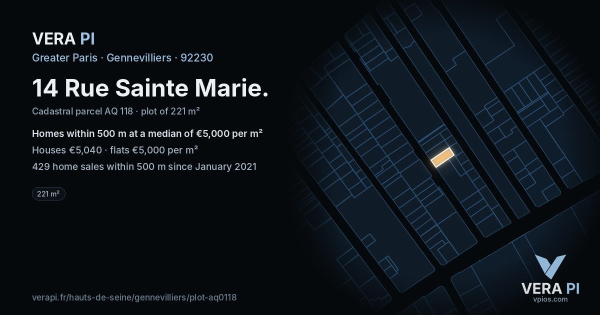 14 Rue Sainte Marie, Gennevilliers at night – the plot lit, the parcels around coloured by the prices near them