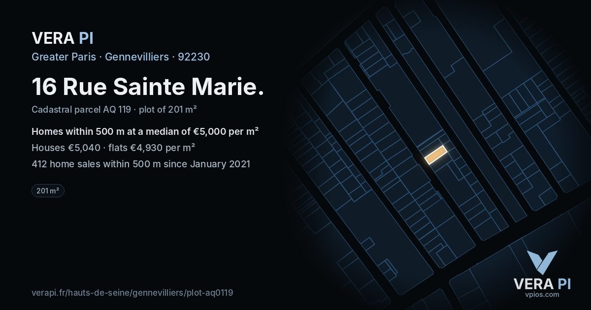 16 Rue Sainte Marie, Gennevilliers at night – the plot lit, the parcels around coloured by the prices near them