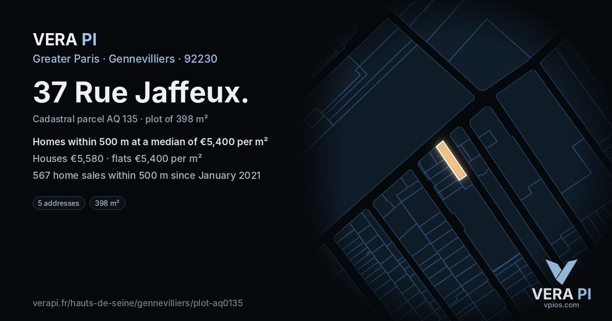 37 Rue Jaffeux, Gennevilliers at night – the plot lit, the parcels around coloured by the prices near them