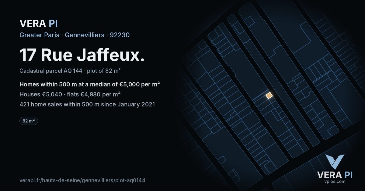 17 Rue Jaffeux, Gennevilliers at night – the plot lit, the parcels around coloured by the prices near them
