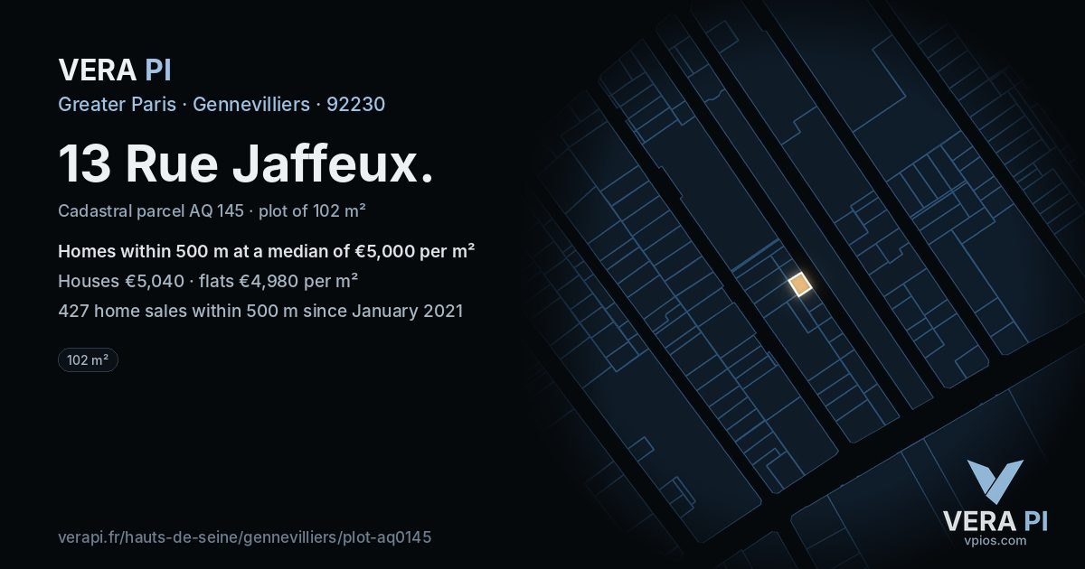13 Rue Jaffeux, Gennevilliers at night – the plot lit, the parcels around coloured by the prices near them