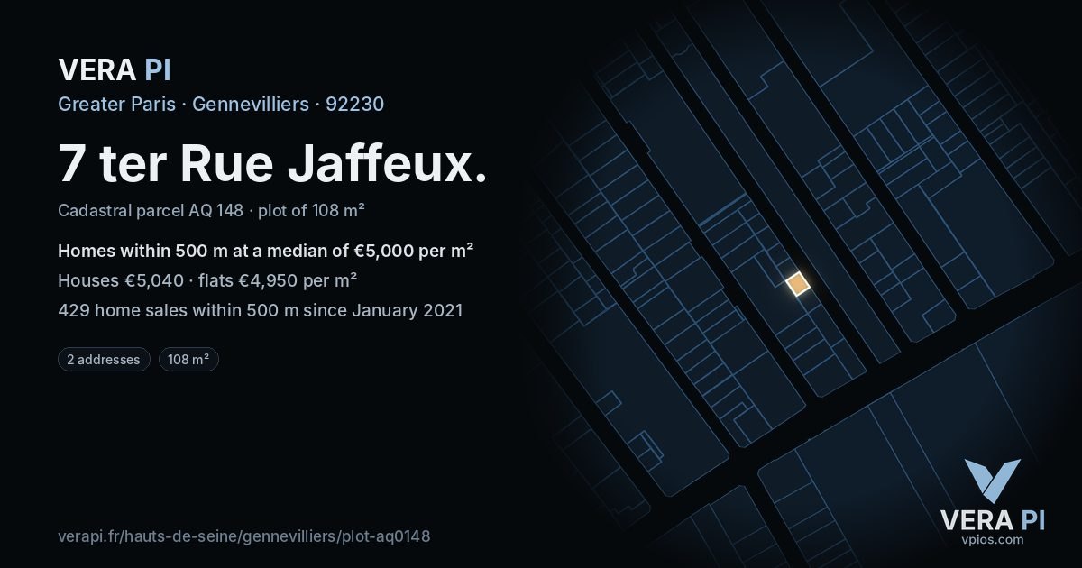 7 ter Rue Jaffeux, Gennevilliers at night – the plot lit, the parcels around coloured by the prices near them