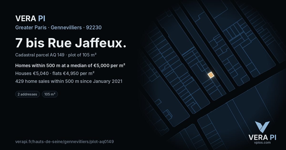 7 bis Rue Jaffeux, Gennevilliers at night – the plot lit, the parcels around coloured by the prices near them