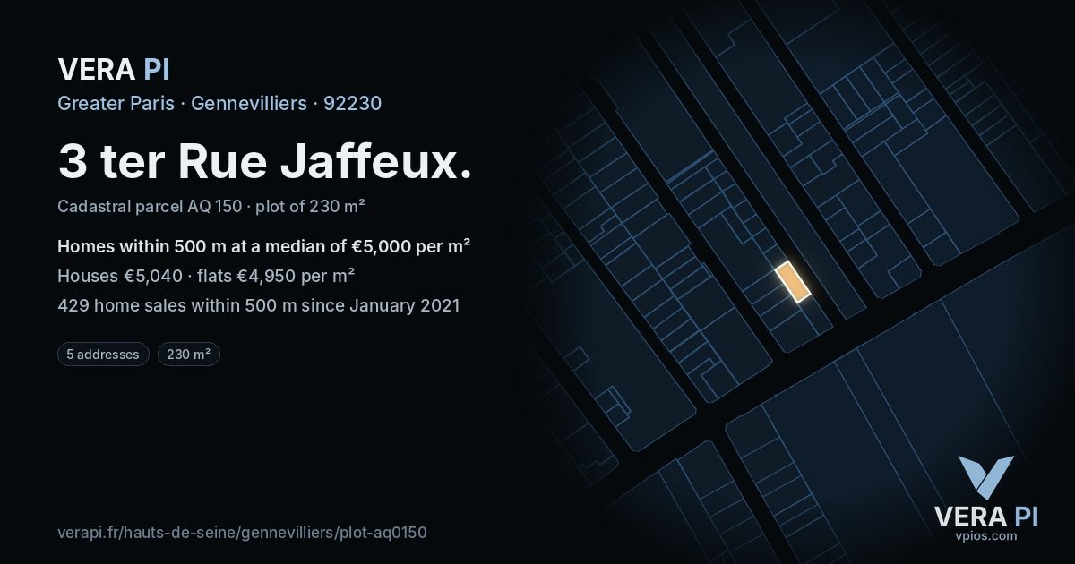 3 ter Rue Jaffeux, Gennevilliers at night – the plot lit, the parcels around coloured by the prices near them