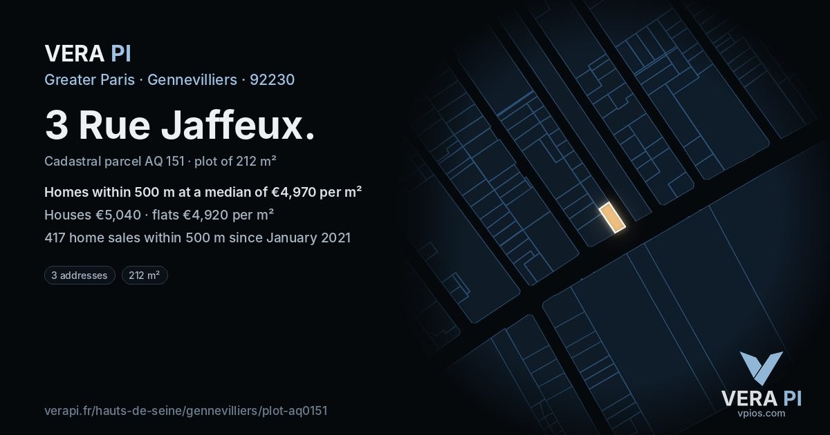 3 Rue Jaffeux, Gennevilliers at night – the plot lit, the parcels around coloured by the prices near them