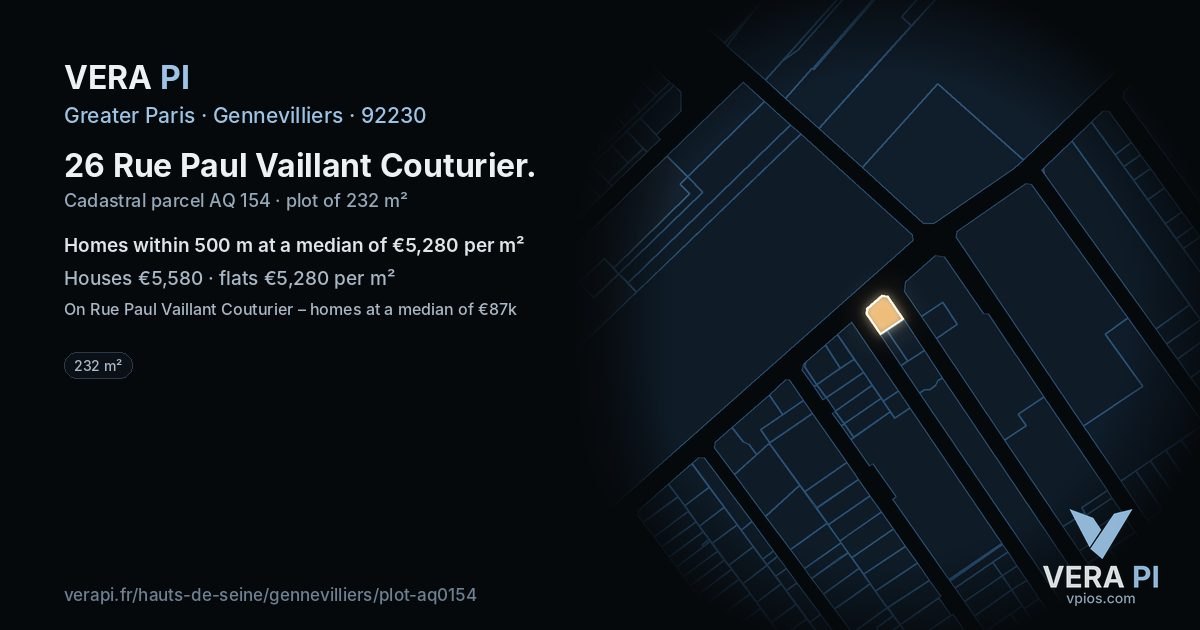 26 Rue Paul Vaillant Couturier, Gennevilliers at night – the plot lit, the parcels around coloured by the prices near them