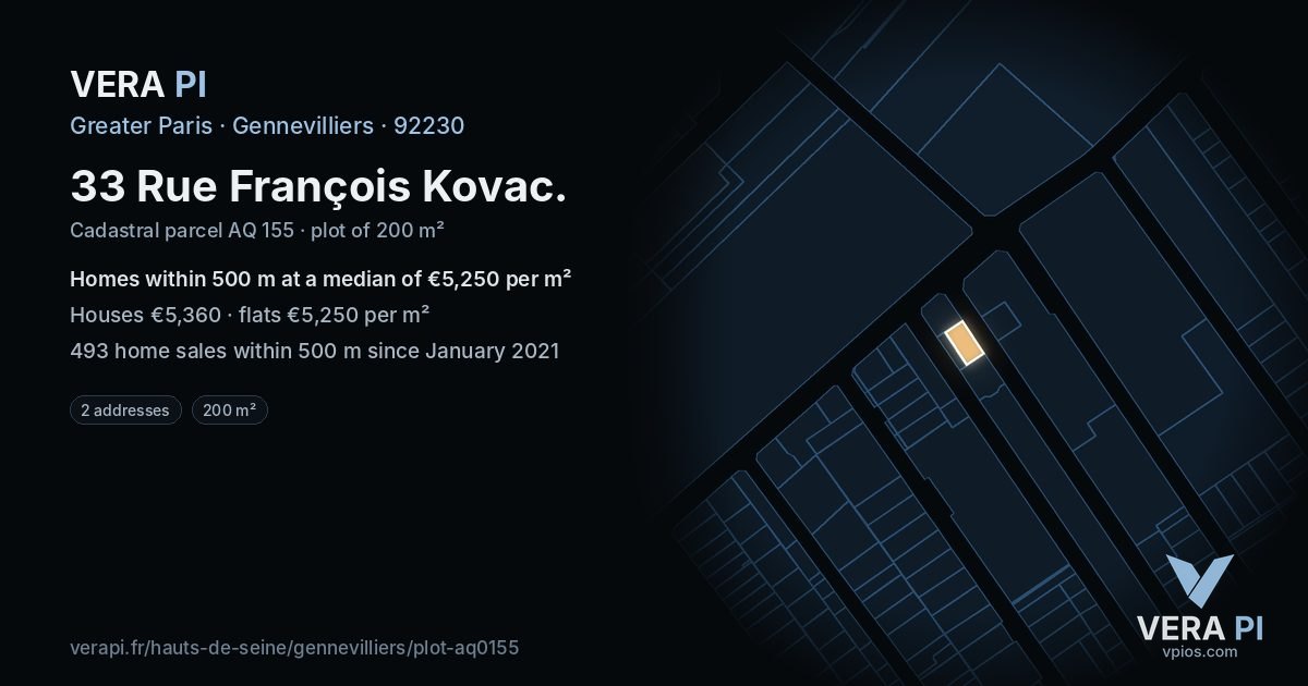 33 Rue François Kovac, Gennevilliers at night – the plot lit, the parcels around coloured by the prices near them