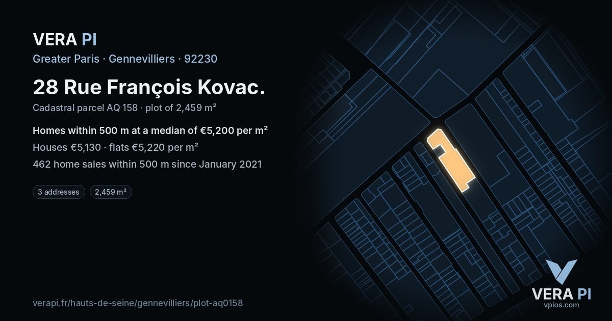 28 Rue François Kovac, Gennevilliers at night – the plot lit, the parcels around coloured by the prices near them