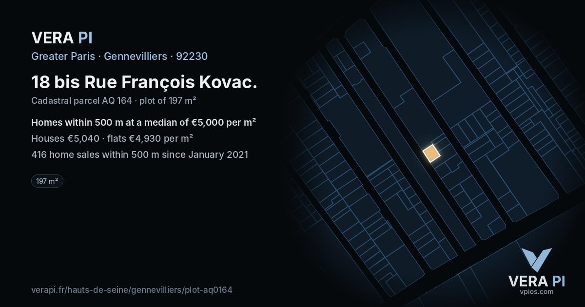 18 bis Rue François Kovac, Gennevilliers at night – the plot lit, the parcels around coloured by the prices near them