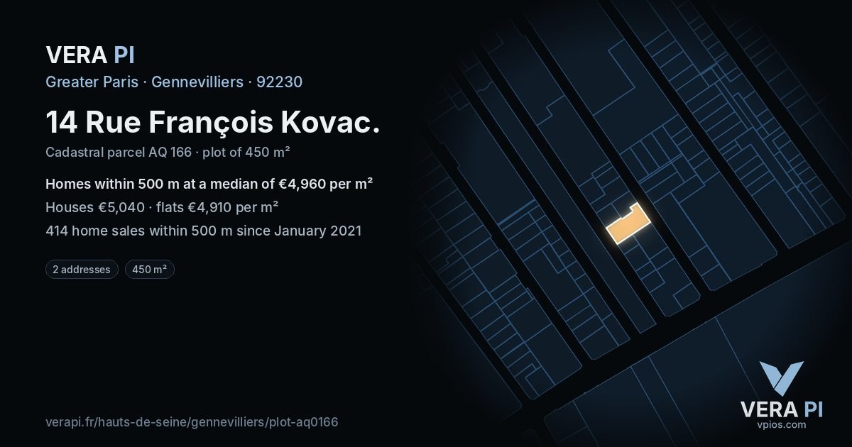 14 Rue François Kovac, Gennevilliers at night – the plot lit, the parcels around coloured by the prices near them