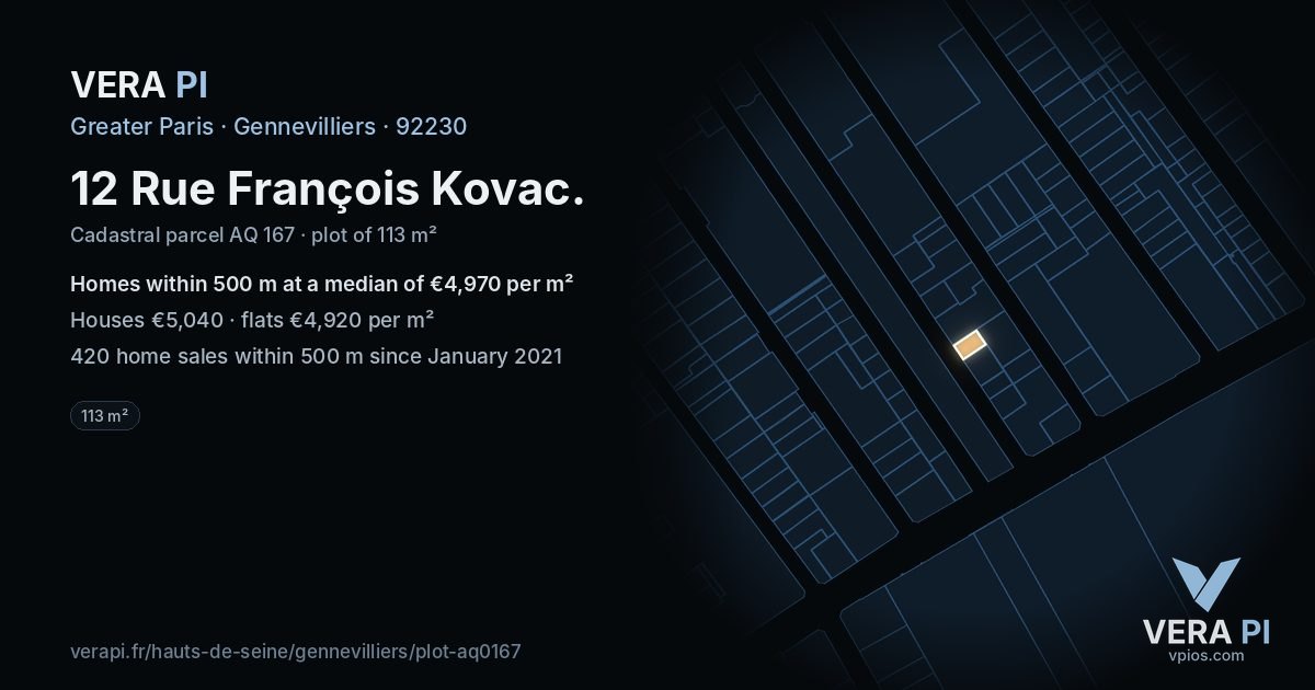 12 Rue François Kovac, Gennevilliers at night – the plot lit, the parcels around coloured by the prices near them